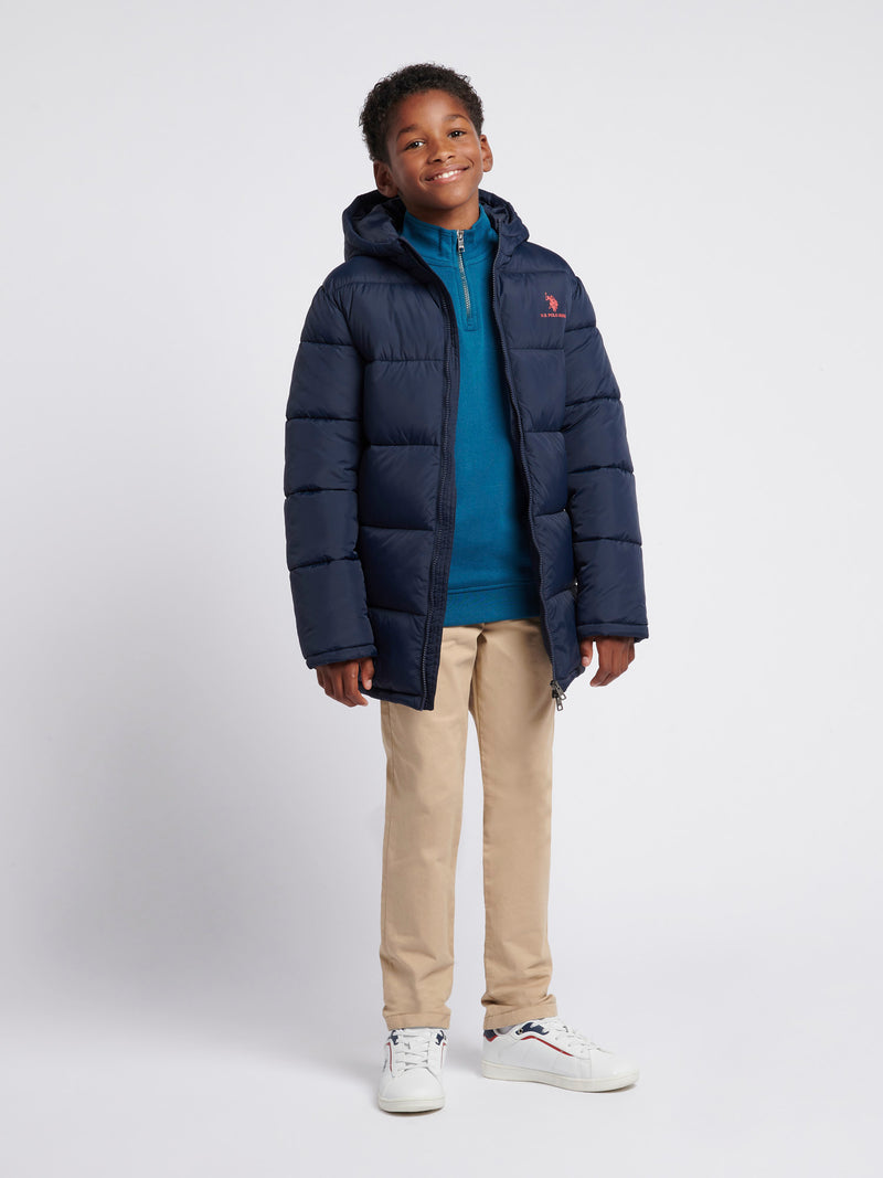 Boys Longline Puffer Jacket in Dark Sapphire Navy / Haute Red DHM