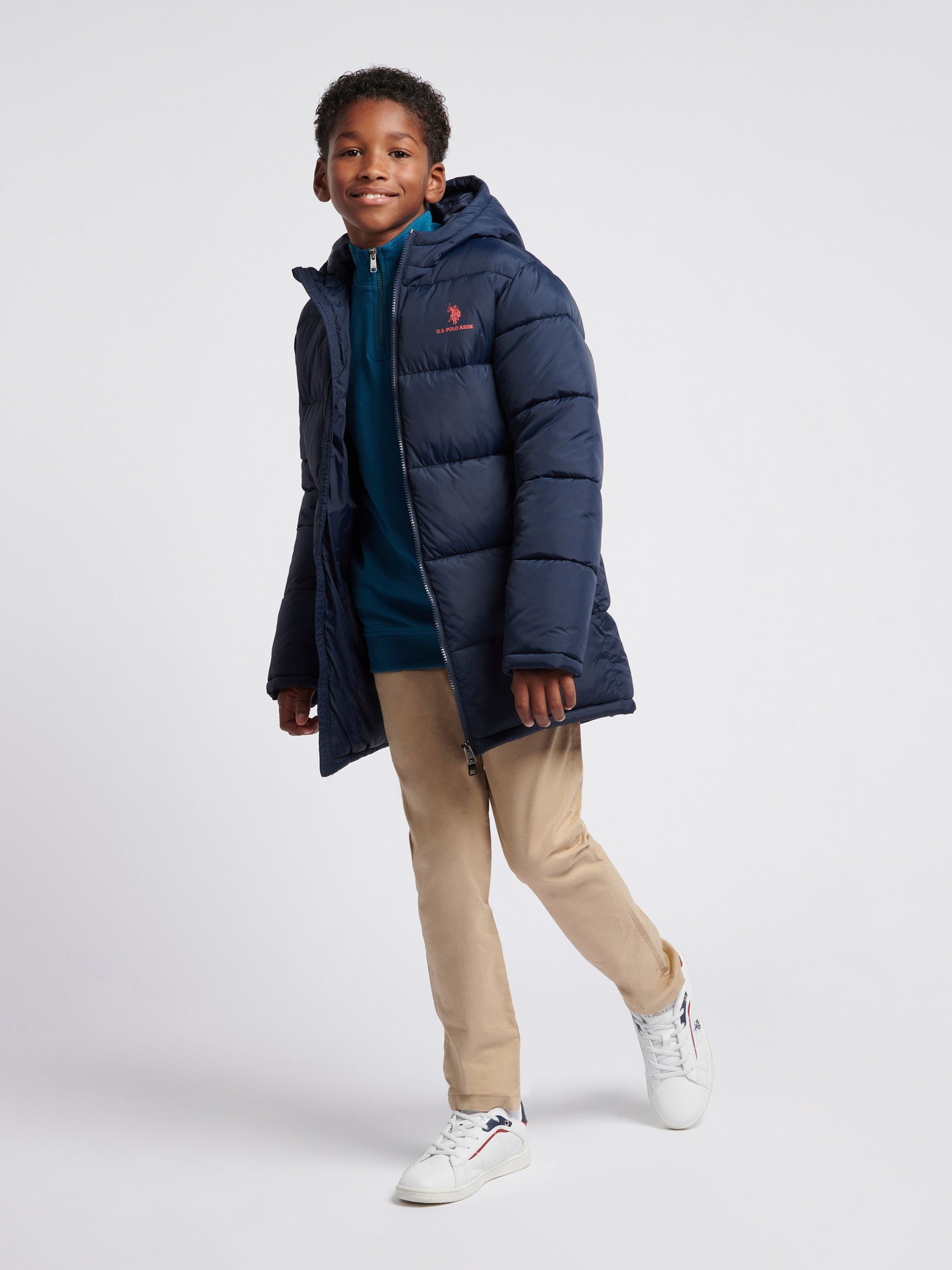 Boys Longline Puffer Jacket in Dark Sapphire Navy / Haute Red DHM