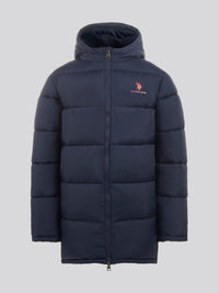 Boys Longline Puffer Jacket in Dark Sapphire Navy / Haute Red DHM