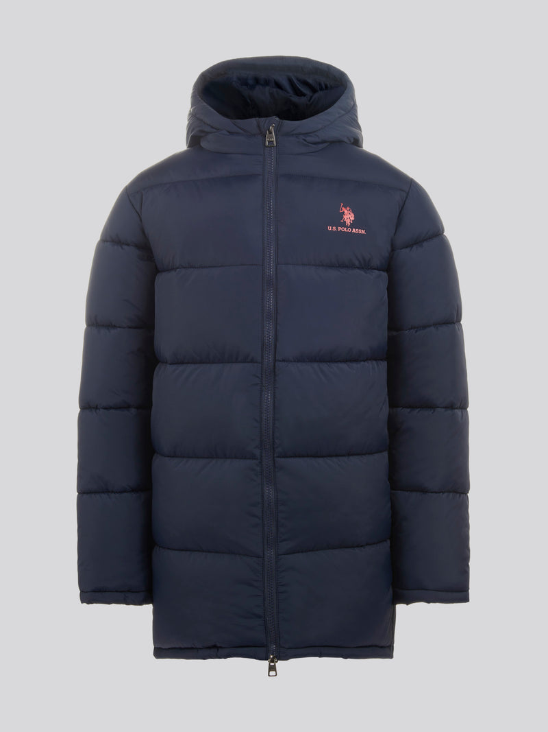 Boys Longline Puffer Jacket in Dark Sapphire Navy / Haute Red DHM