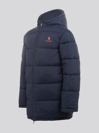 Boys Longline Puffer Jacket in Dark Sapphire Navy / Haute Red DHM