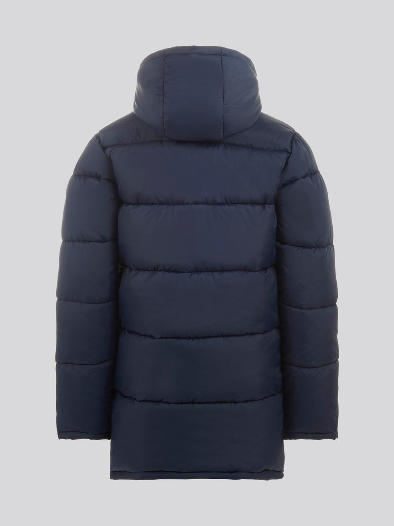 Boys Longline Puffer Jacket in Dark Sapphire Navy / Haute Red DHM