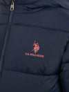 Boys Longline Puffer Jacket in Dark Sapphire Navy / Haute Red DHM