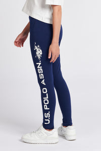 Girls Sport Logo Legging in Medieval Blue