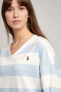 Womens Striped V-Neck Sweatshirt in Skyway