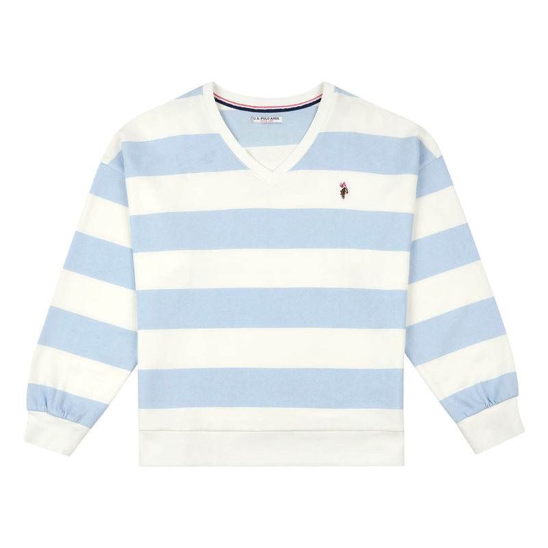 Womens Striped V-Neck Sweatshirt in Skyway