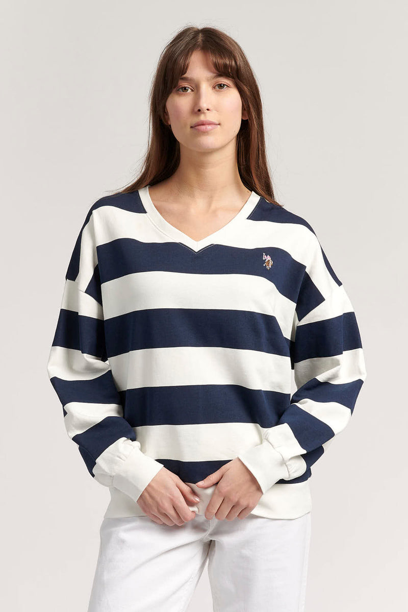 Womens Striped V-Neck Sweatshirt in Star White