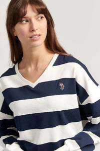 Womens Striped V-Neck Sweatshirt in Star White