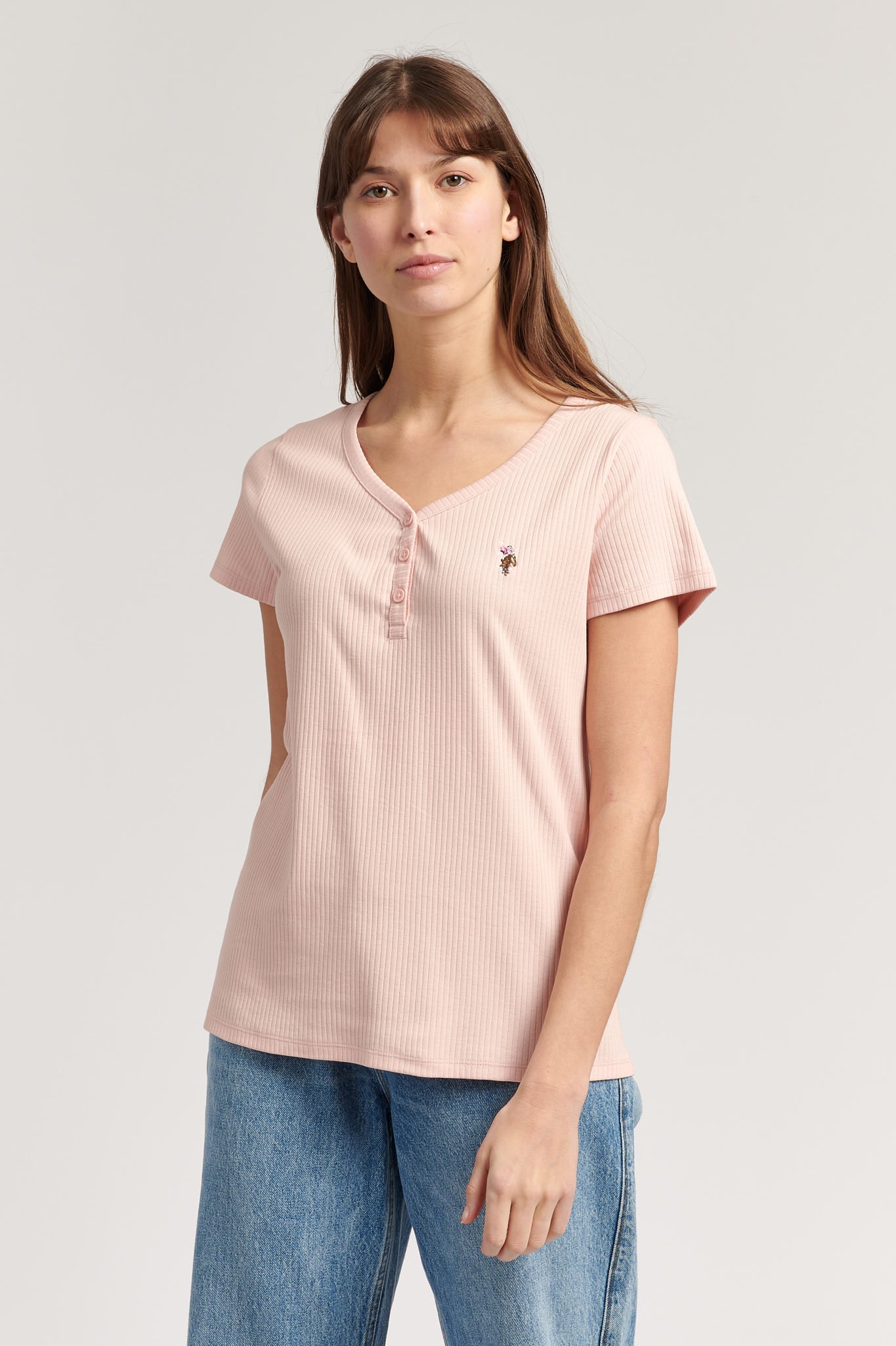 Womens Y Neck T-Shirt in Peachskin