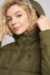 Womens Long Line Puffer Coat in Olive Night