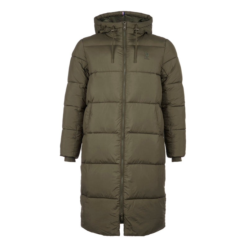 Womens Long Line Puffer Coat in Olive Night