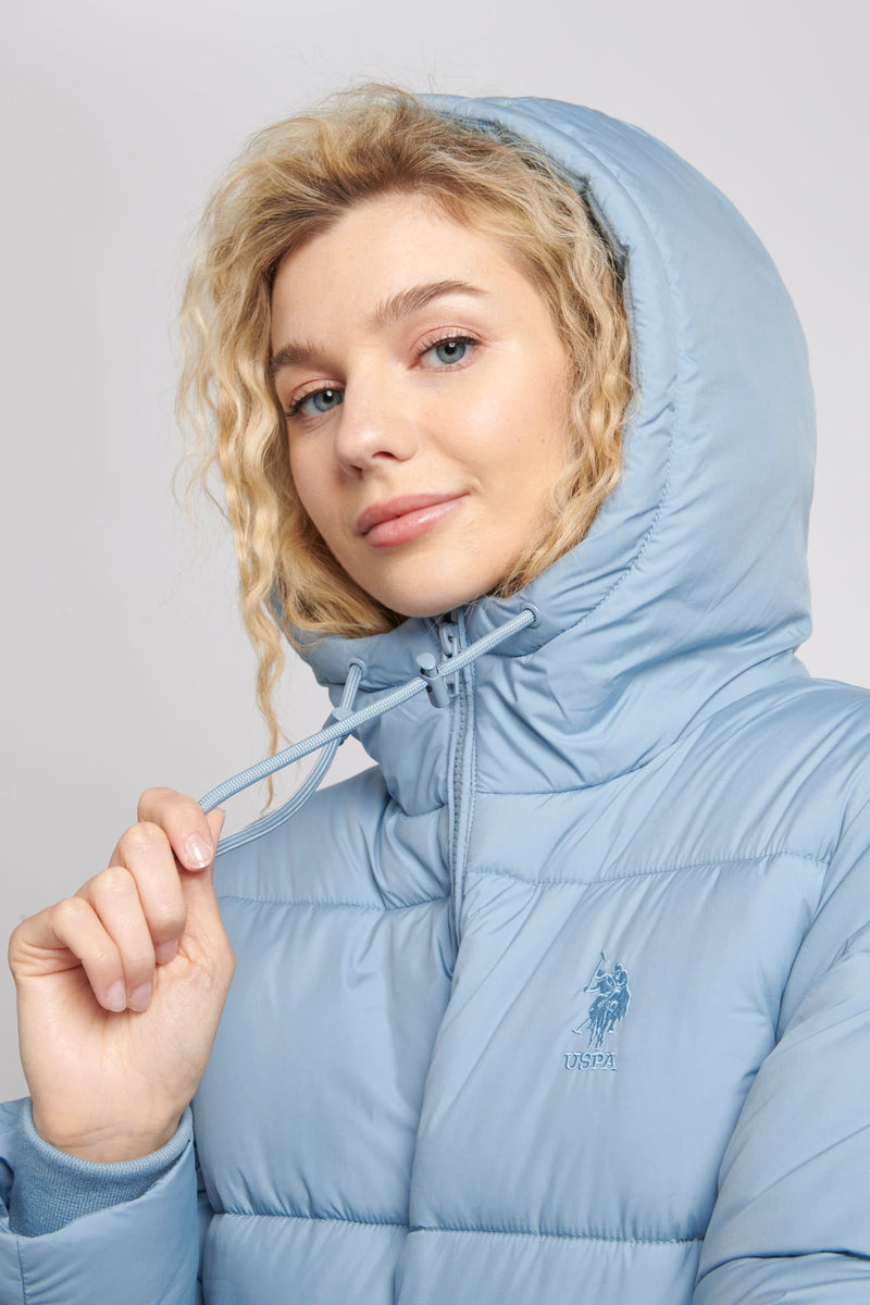 Womens Long Line Puffer Coat in Ashley Blue