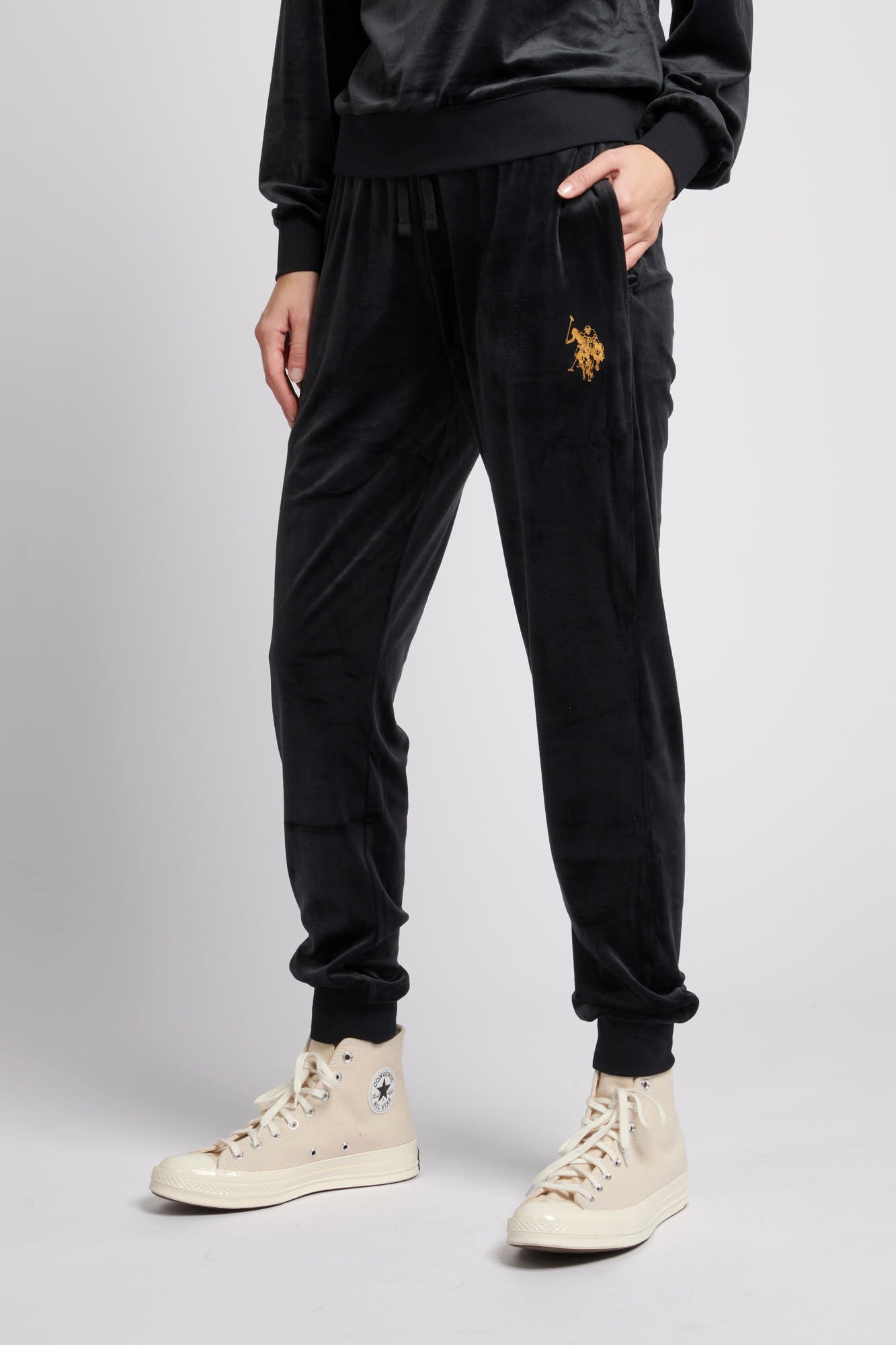 Black velvet joggers womens sale