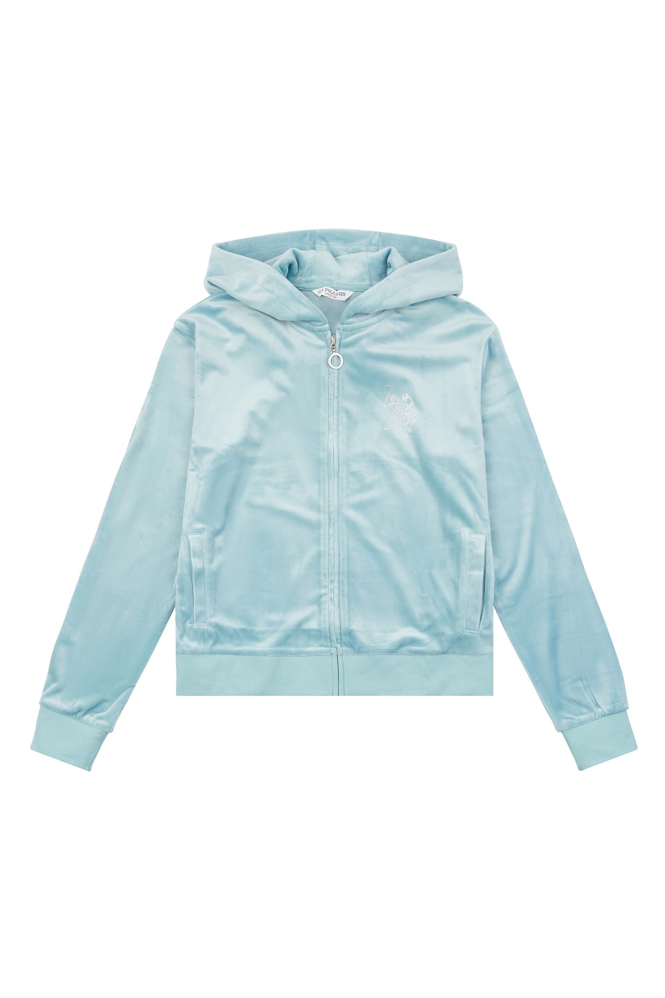 Womens Velour Diamante Zip-Through Hoodie in Cameo Blue