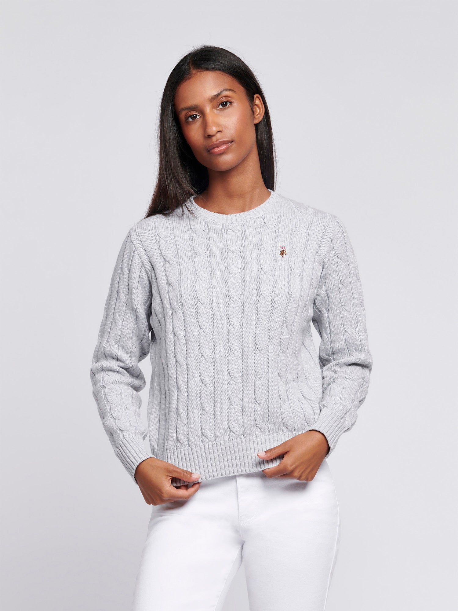 Women s Cable Knit Crew Neck Jumper in Pearl Grey Marl