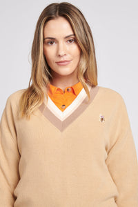 Womens V-Neck Knit Cricket Jumper in Iris Cream