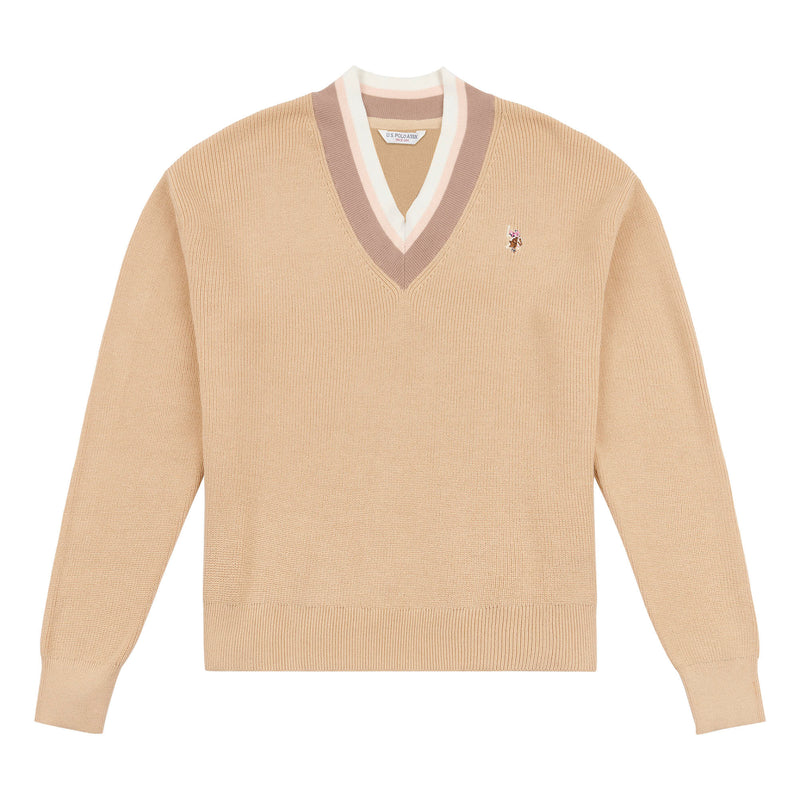 Womens V-Neck Knit Cricket Jumper in Iris Cream