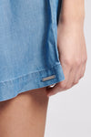 Womens Drawstring Waist Linen Shorts in Light Chambray Blue