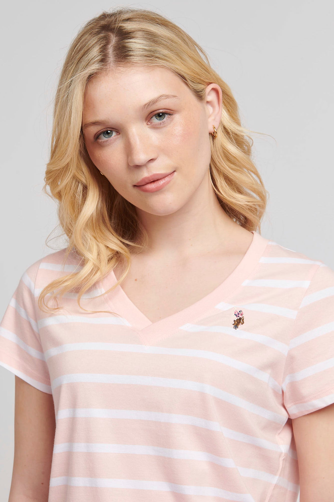 Womens Slub Stripe V-Neck T-Shirt in Crystal Rose