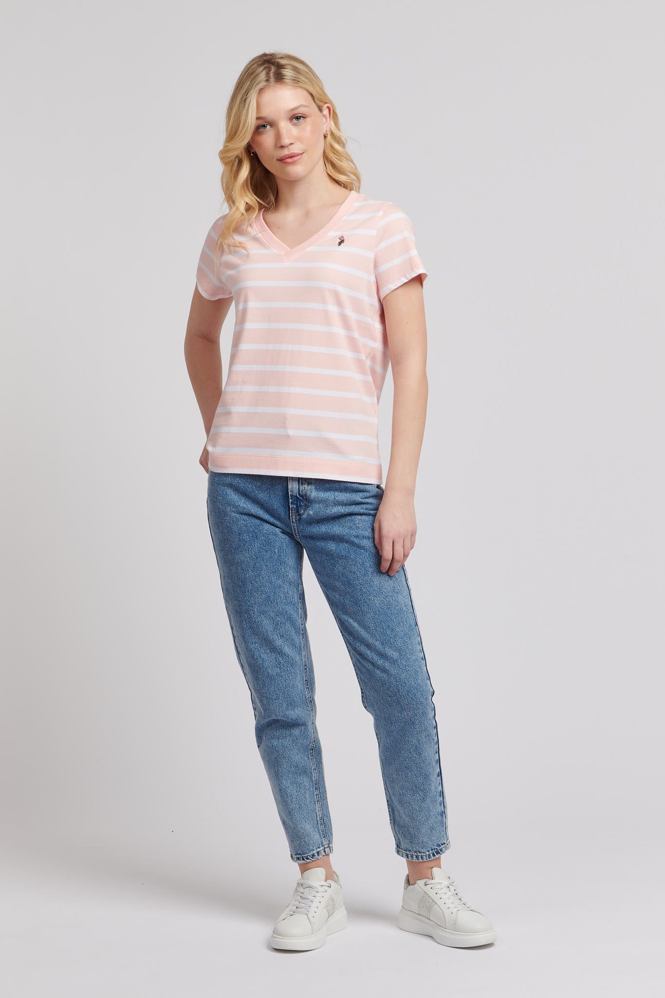 Womens Slub Stripe V-Neck T-Shirt in Crystal Rose