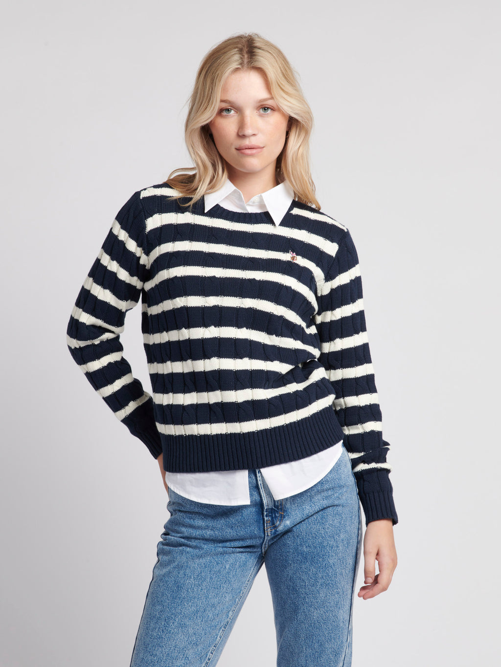 U.S. Polo Assn. Womens Thin Stripe Cable Knit Jumper in Navy Blue – U.S ...