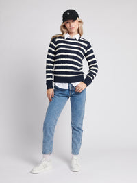 Womens Thin Stripe Cable Jumper in Navy Blue