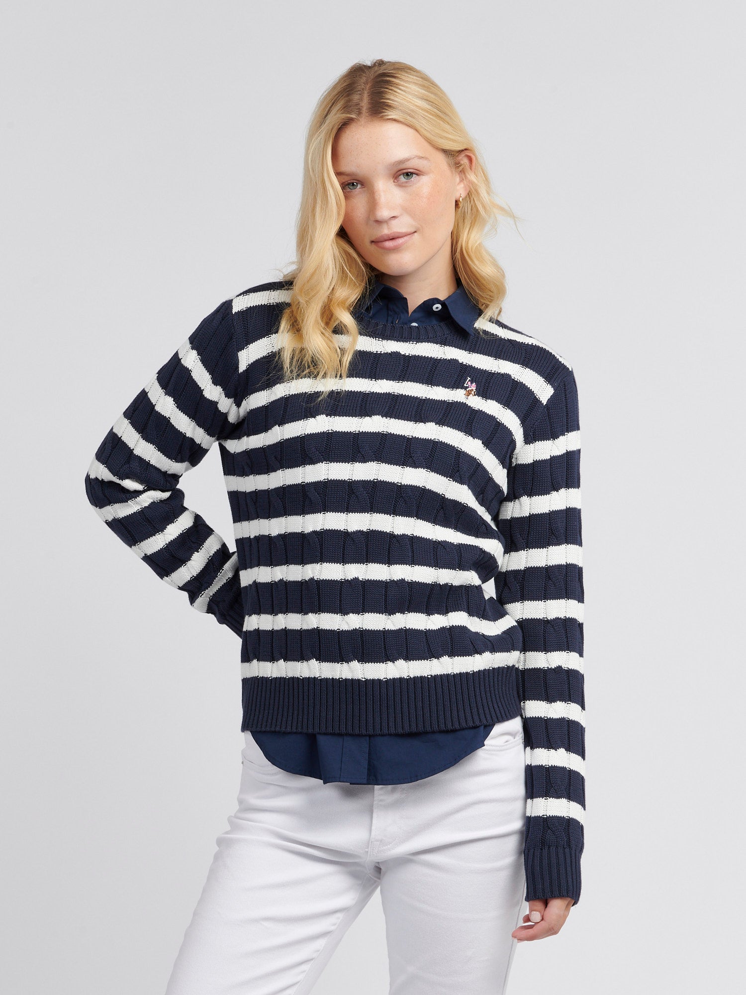 Womens Thin Stripe Cable Jumper in Navy Iris