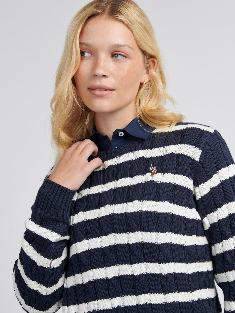 Womens Thin Stripe Cable Jumper in Navy Iris