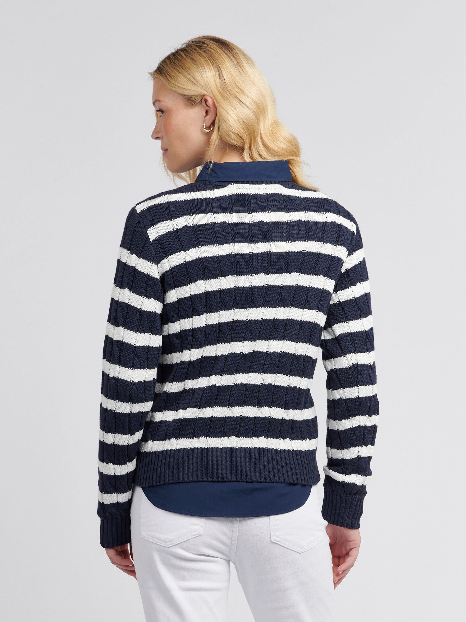 Womens Thin Stripe Cable Jumper in Navy Iris