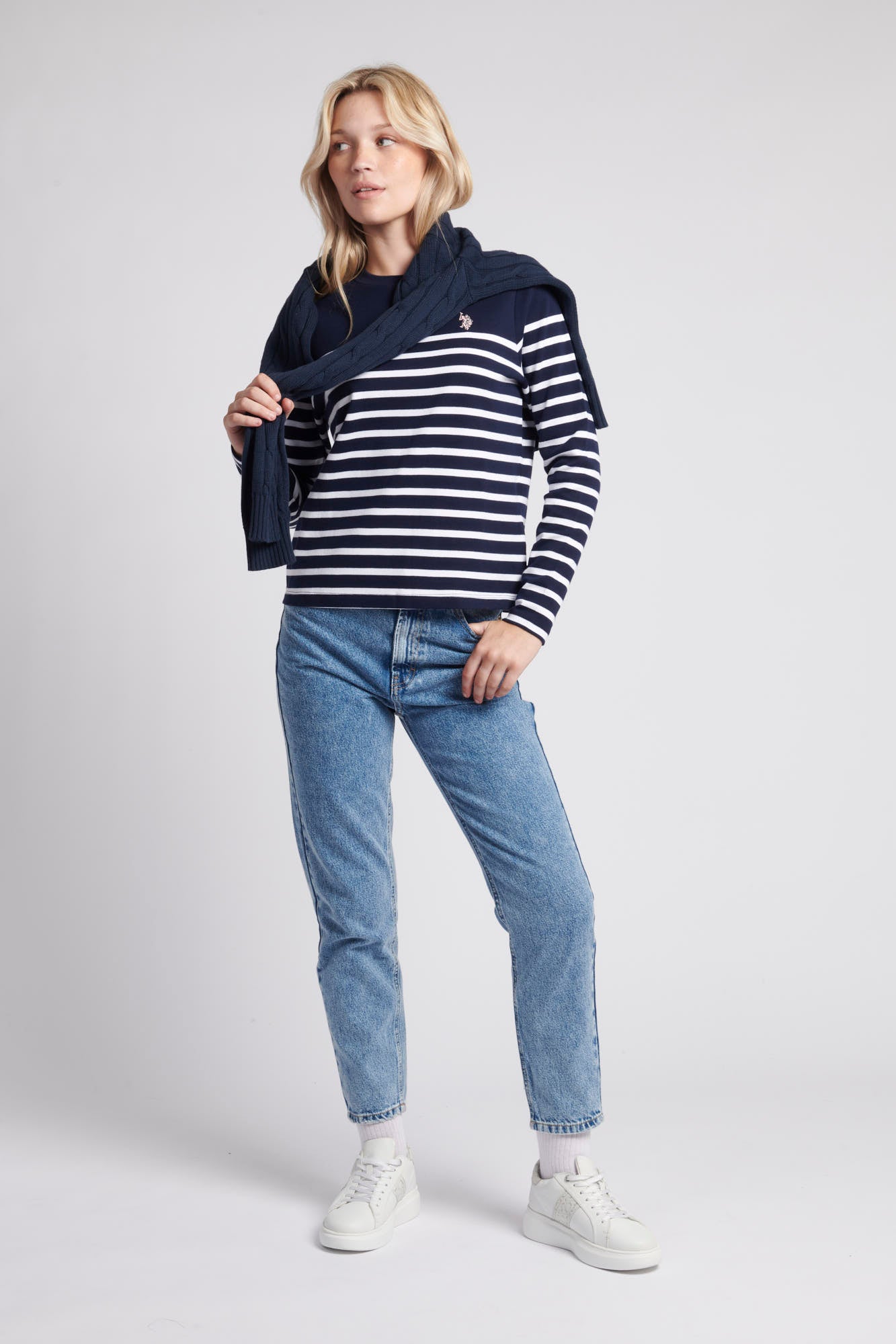 Womens Stripe Long Sleeve T-Shirt With Tipping in Navy Blue