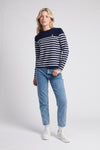 Womens Stripe Long Sleeve T-Shirt With Tipping in Navy Blue