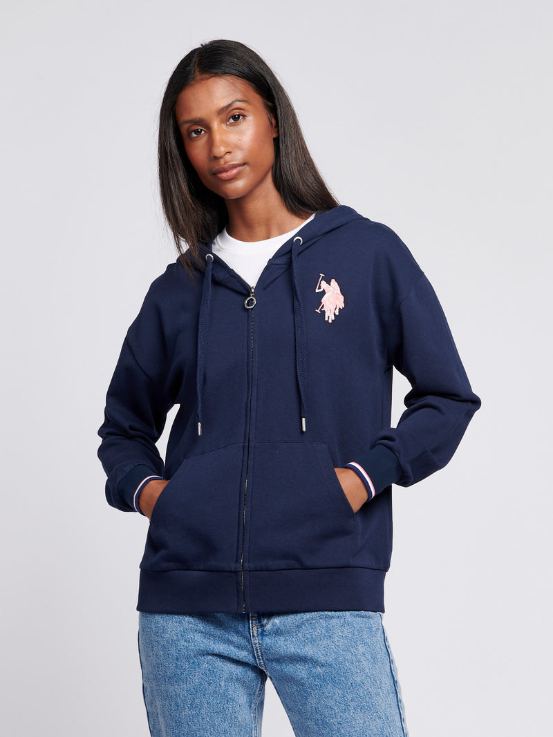 Womens Large Double Horsemen Zip Through Hoodie in Navy Iris