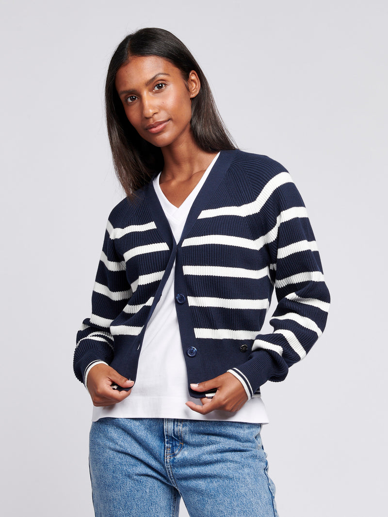 Womens Stripe Cropped Rib Cardigan in Navy Iris