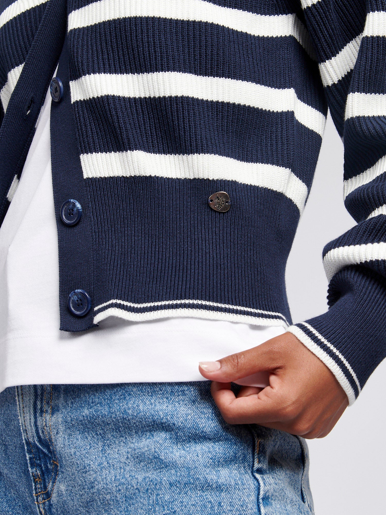 Womens Stripe Cropped Rib Cardigan in Navy Iris