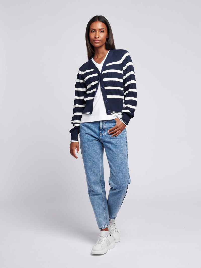 Womens Stripe Cropped Rib Cardigan in Navy Iris