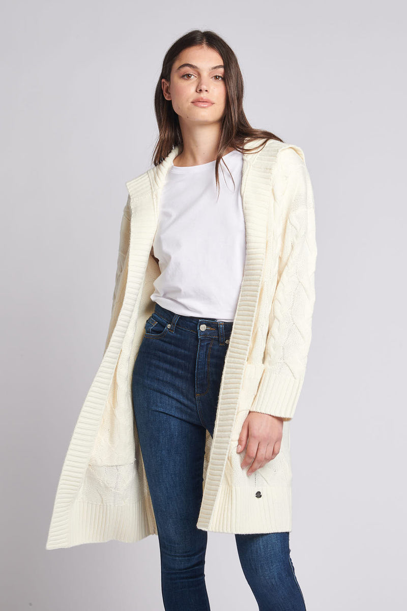 Womens Chunky Cable Collared Cardigan in Egret