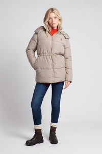 Womens Drawcord Waist Puffer Coat in Sesame