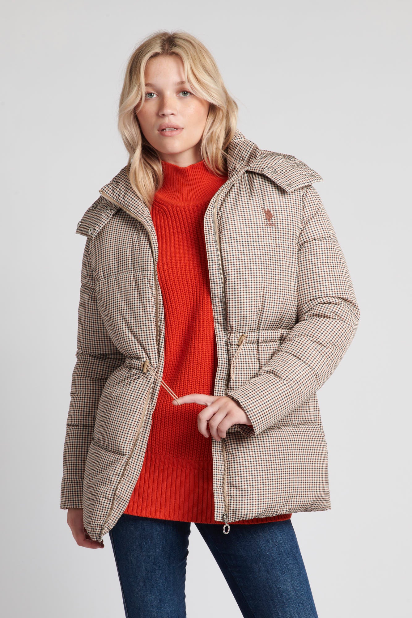 Womens Drawcord Waist Puffer Coat in Sesame