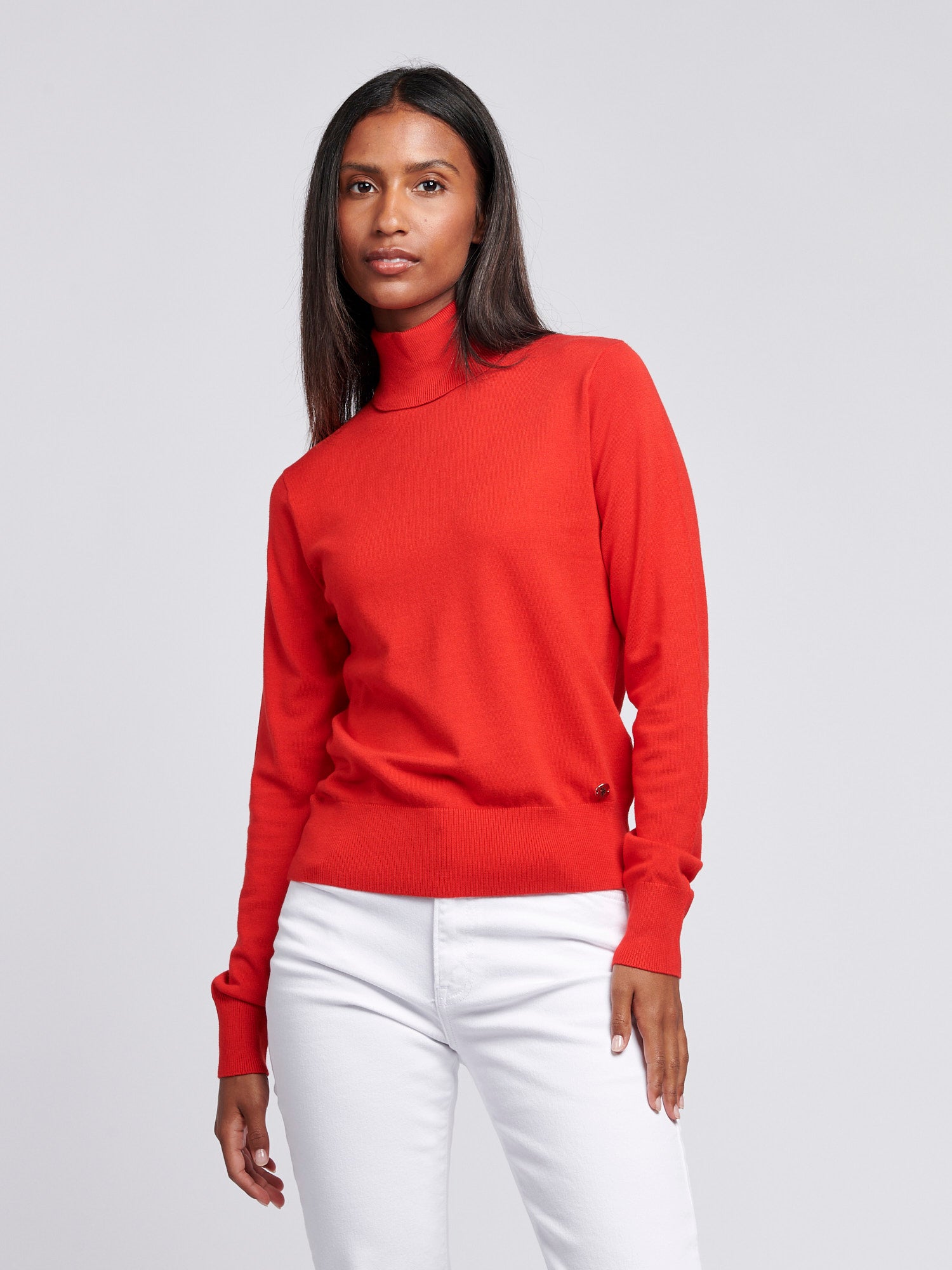 Womens Roll Neck Fine Knit Jumper in Aura Orange