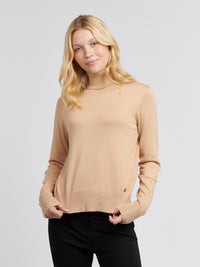 Womens Roll Neck Fine Knit Jumper in Cuban Sand