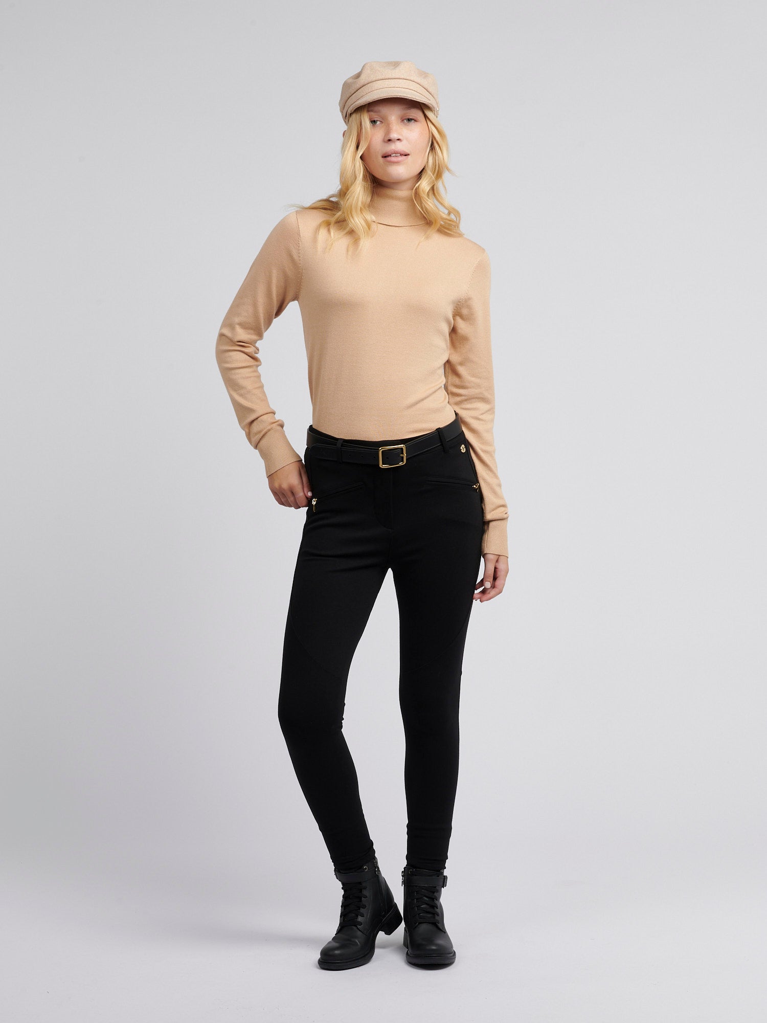 Womens Roll Neck Fine Knit Jumper in Cuban Sand