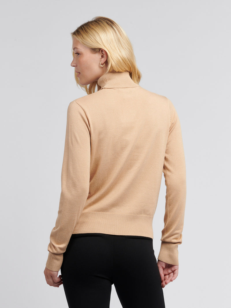 Womens Roll Neck Fine Knit Jumper in Cuban Sand