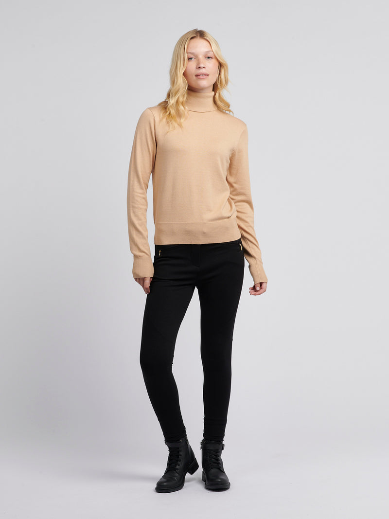 Womens Roll Neck Fine Knit Jumper in Cuban Sand