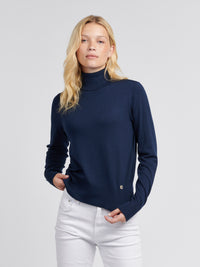 Womens Roll Neck Fine Knit Jumper in Navy Iris