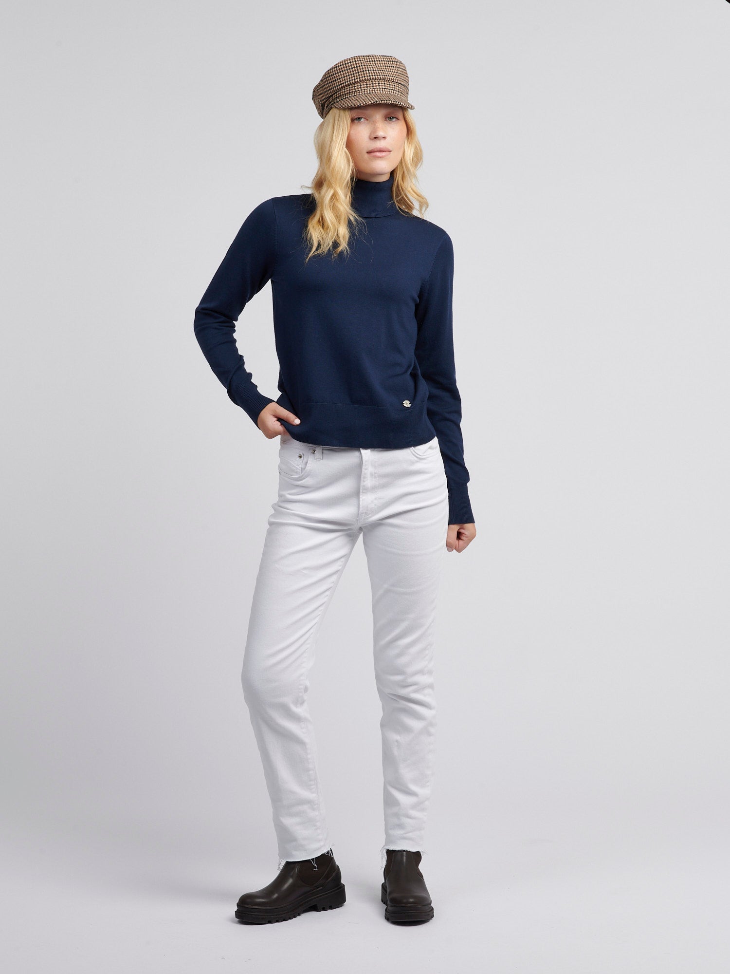 Womens Roll Neck Fine Knit Jumper in Navy Iris