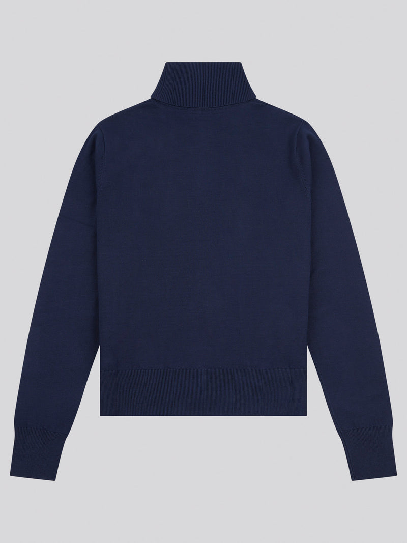 Womens Roll Neck Fine Knit Jumper in Navy Iris