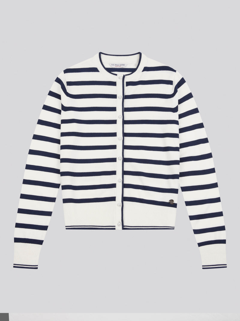 Womens Fine Knit Stripe Cardigan in Marshmallow