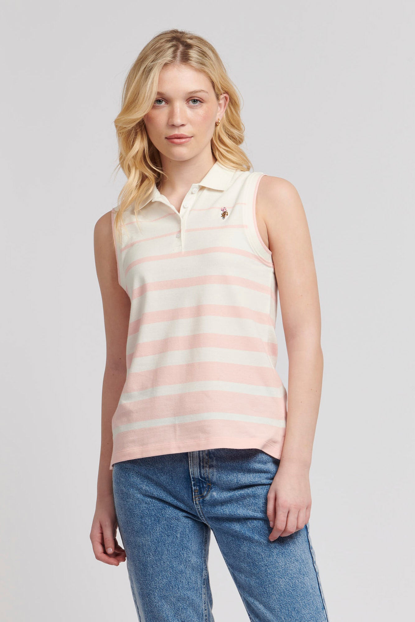 Womens Stripe Sleeveless Polo Shirt in Marshmallow