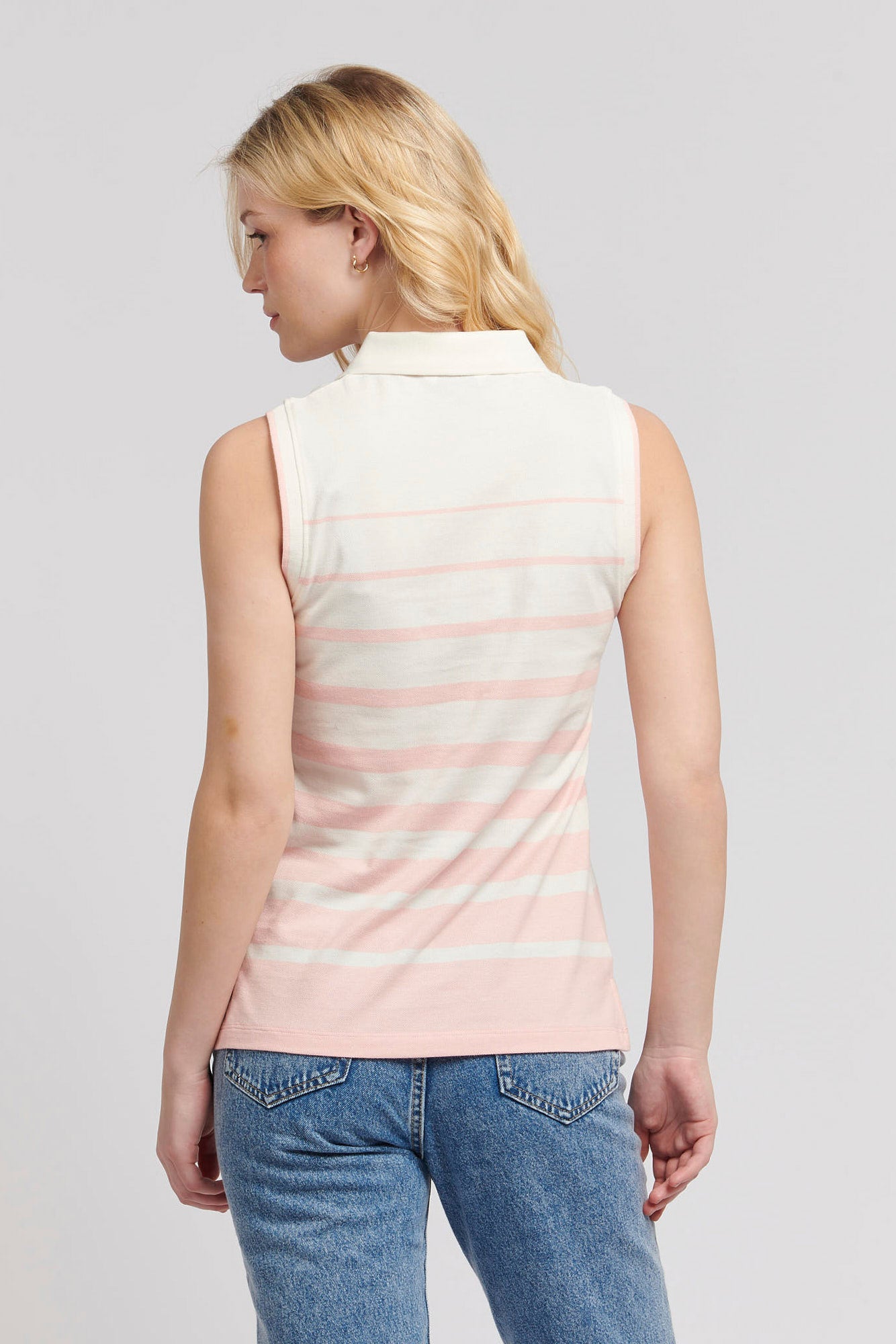 Womens Stripe Sleeveless Polo Shirt in Marshmallow