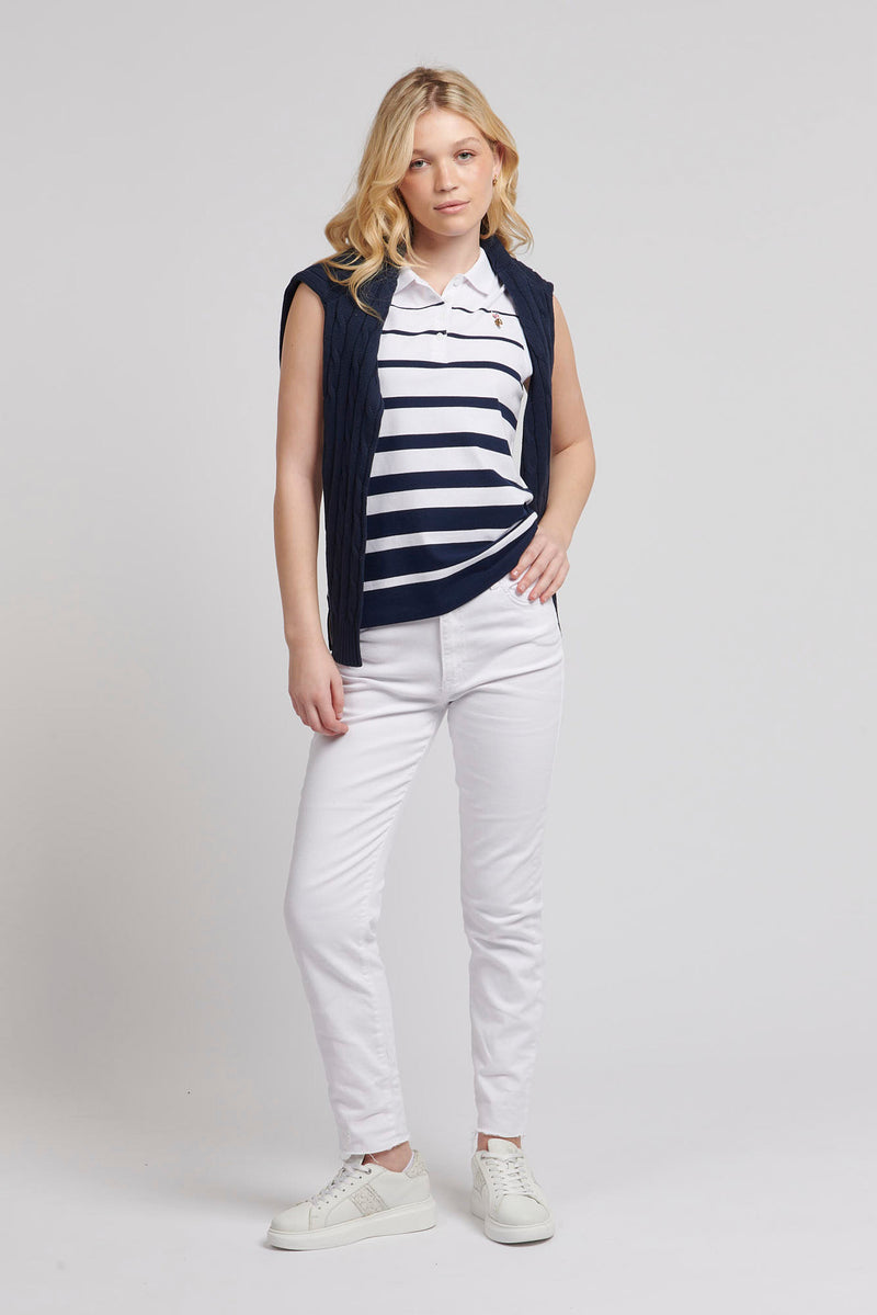 Womens Stripe Sleeveless Polo Shirt in Navy Iris